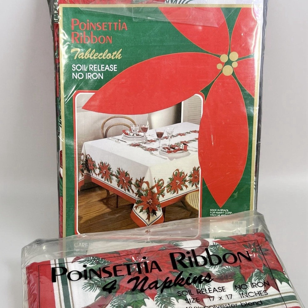 VTG‎ Christmas Poinsettia Ribbon Tablecloth Napkins Linen Set 50x70 Holiday NEW